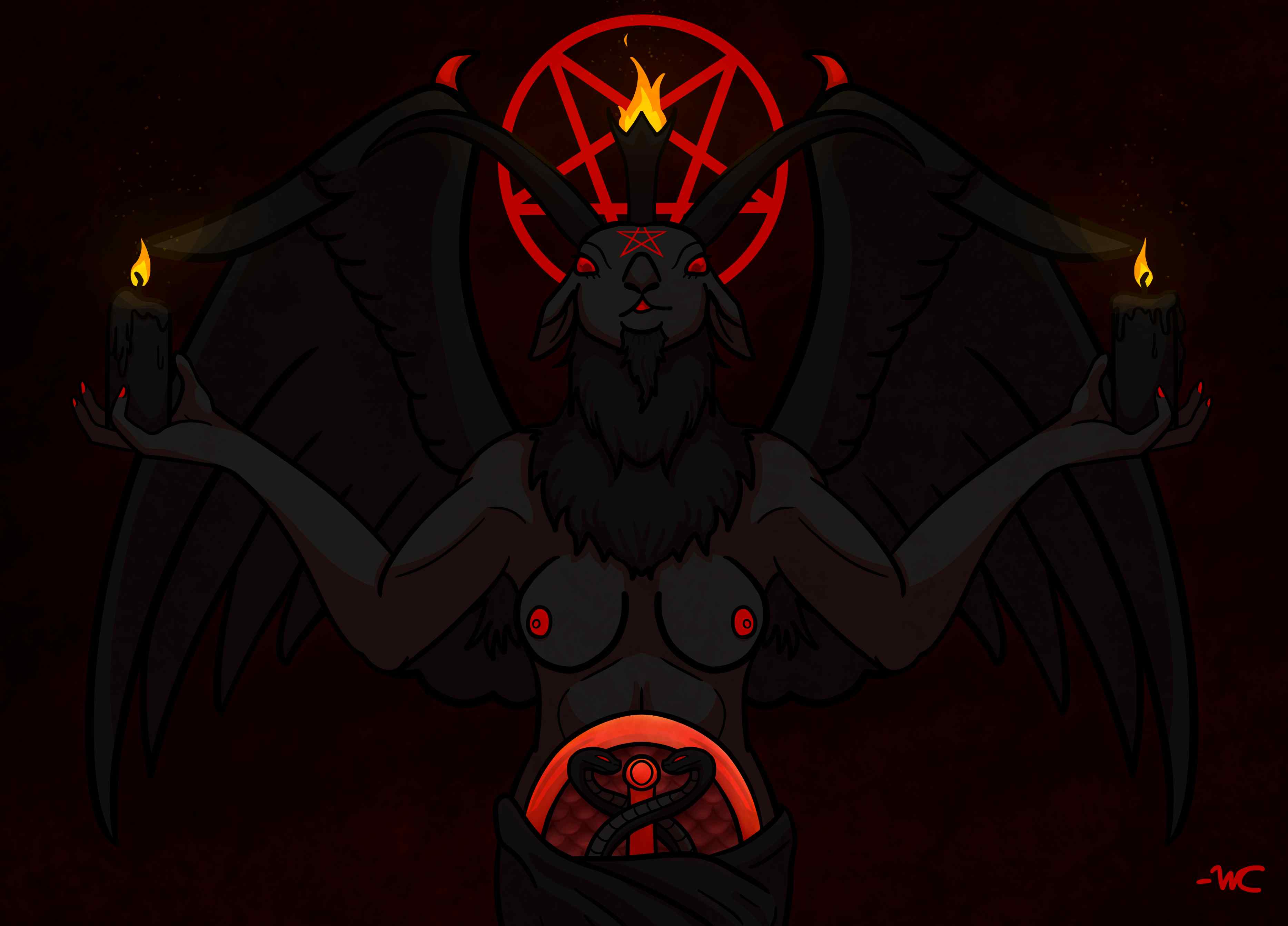 Baphomet, the Sabbatic goat. Upper body, front facing. They are primarily black with red eyes, nails, and nipples. They have their breasts exposed. They are holding a lit black candle in each hand. The torch on Baphomet's head is also lit. The lower part of Baphomet has a gold ring and rod, embraced by two black snakes. Within the ring there are red scales. Baphomet is also wearing a cloth on their lower region. The background is a dark red.